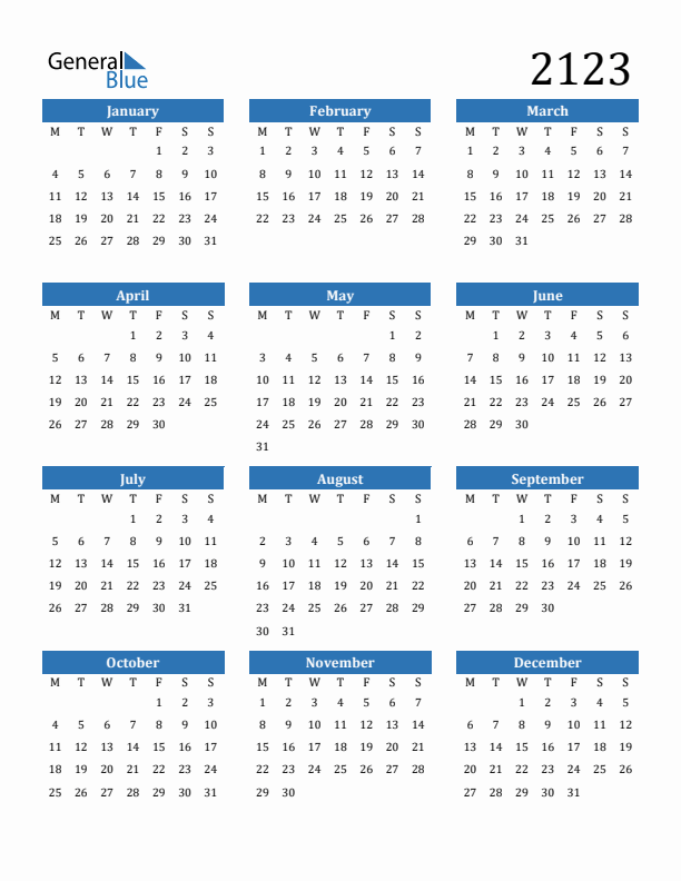 2123 Calendar