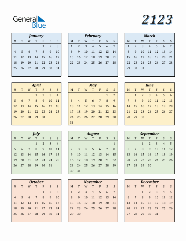 Calendar for 2123 (Monday Start)