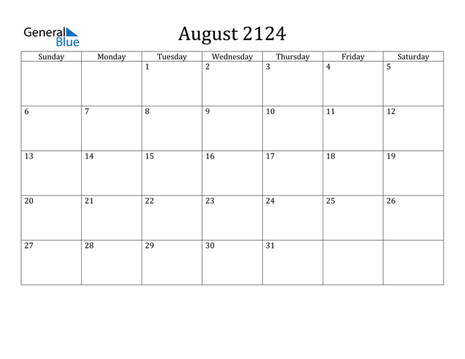 August 2124 Calendar (PDF Word Excel)