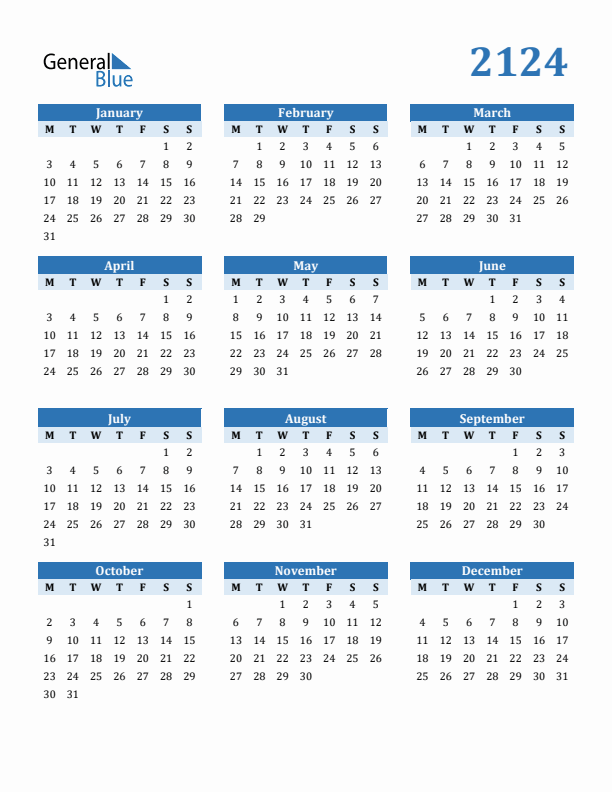 2124 Year Calendar with Monday Start