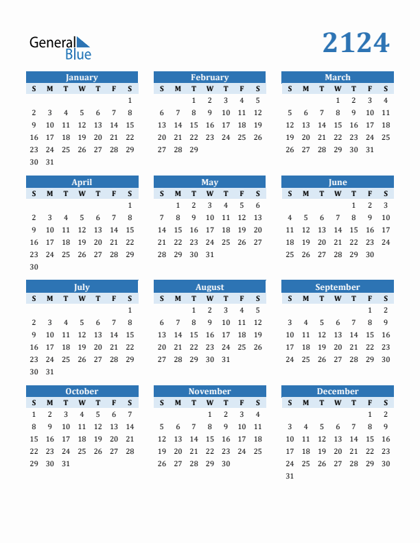 2124 Year Calendar with Sunday Start