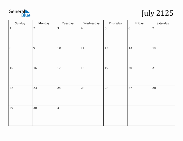 July 2125 Calendar