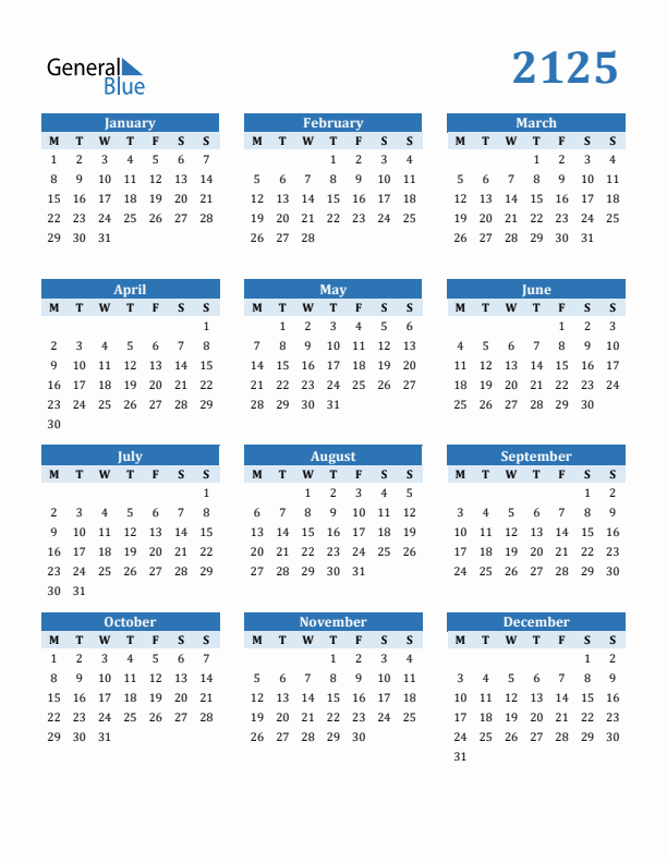 2125 Year Calendar with Monday Start