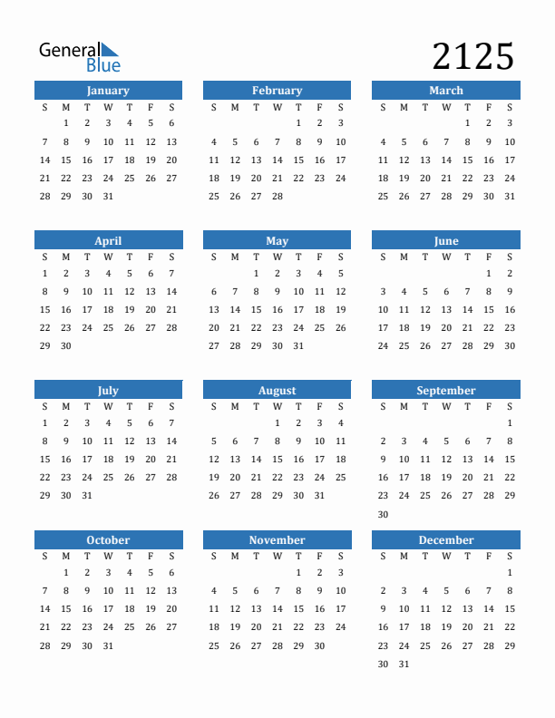 2125 Calendar