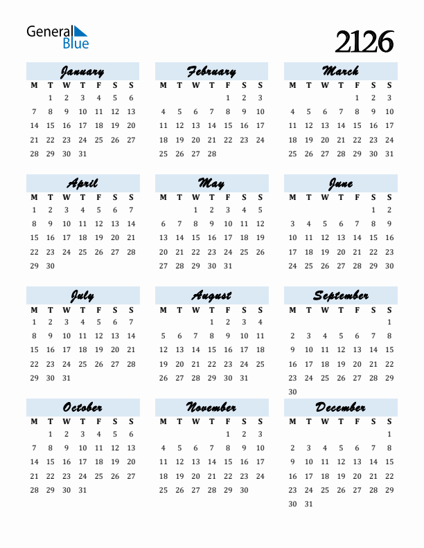 Calendar 2126 Free Download and Print