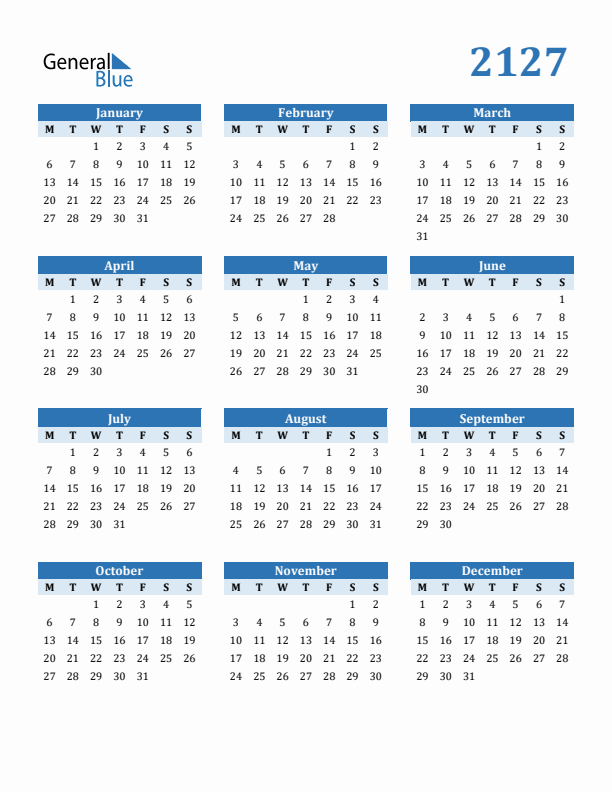 2127 Year Calendar with Monday Start
