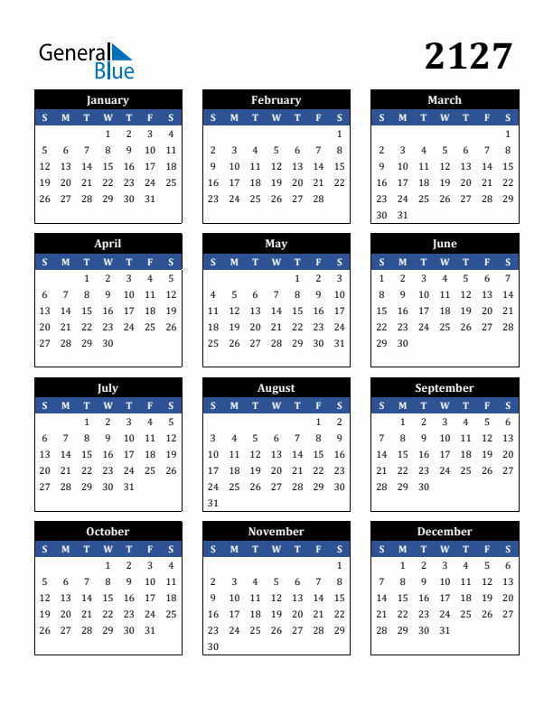 Editable Calendar 2127 - Sunday Start