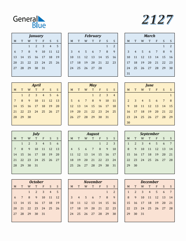 Calendar for 2127 (Monday Start)