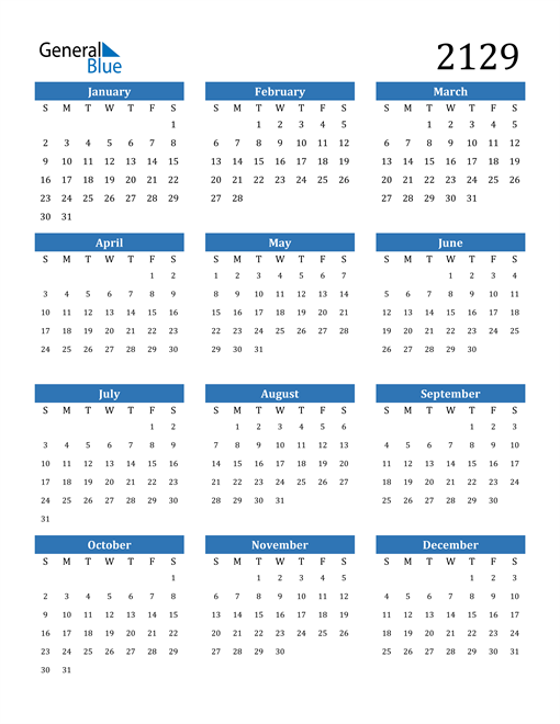 2129 Calendar (PDF, Word, Excel)