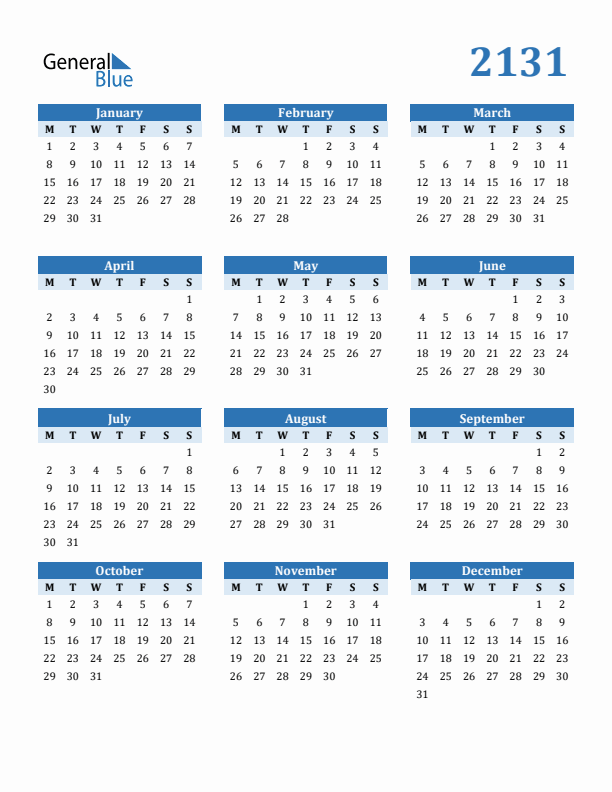 2131 Year Calendar with Monday Start