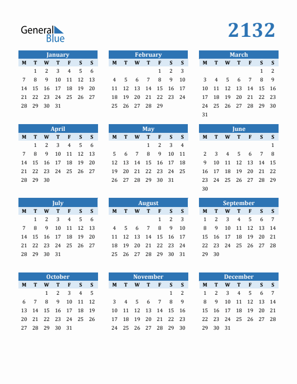 2132 Year Calendar with Monday Start