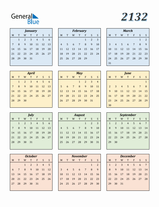 Calendar for 2132 (Monday Start)