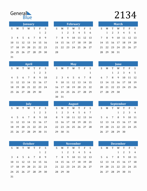 2134 Calendar