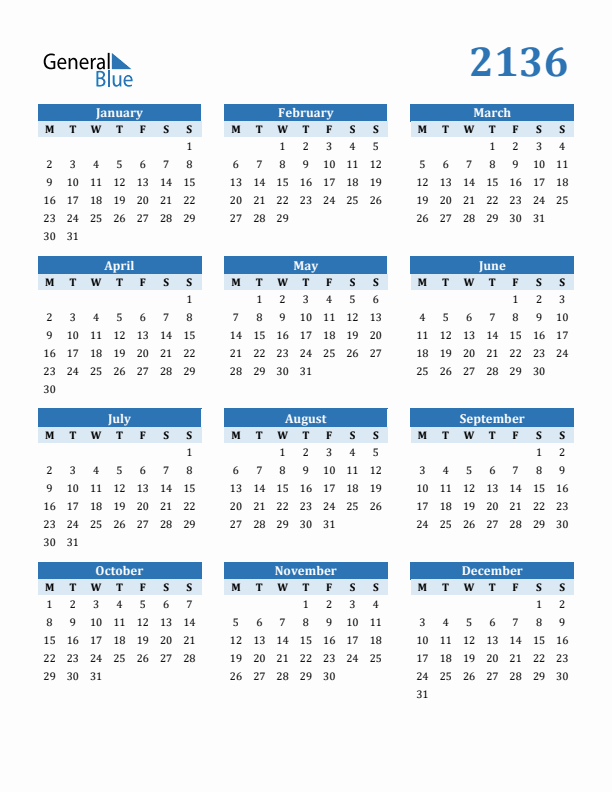 2136 Year Calendar with Monday Start