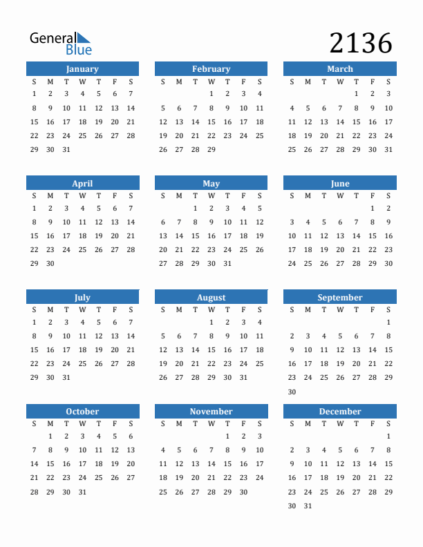 2136 Calendar