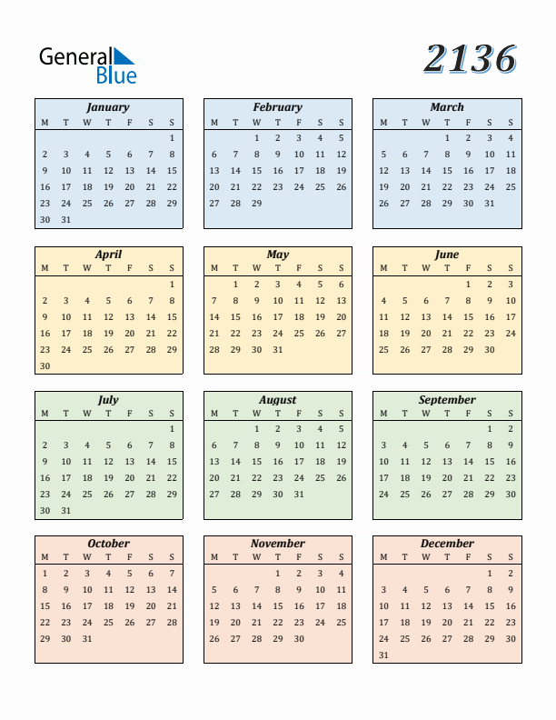 Calendar for 2136 (Monday Start)