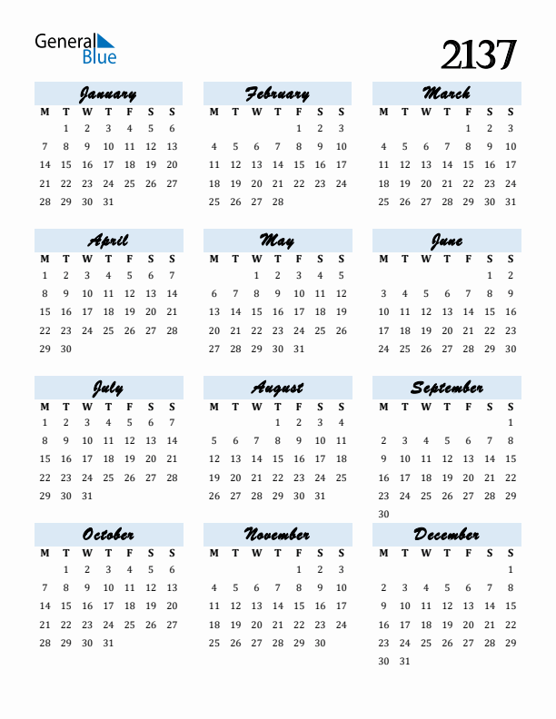 Calendar 2137 Free Download and Print