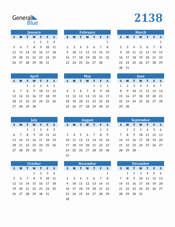 2138 Year Calendar with Sunday Start