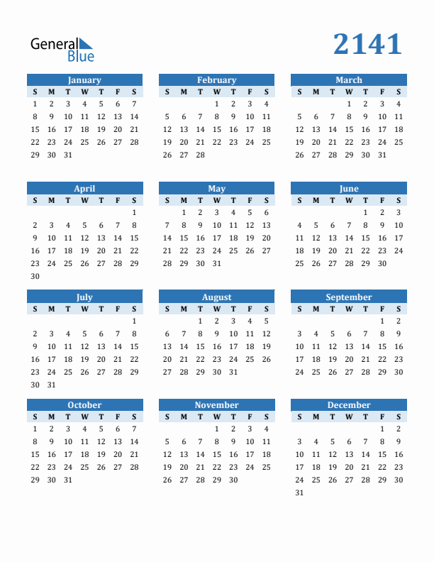 2141 Year Calendar with Sunday Start