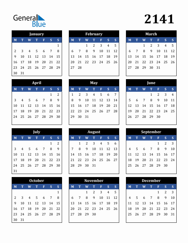 Editable Calendar 2141 - Monday Start