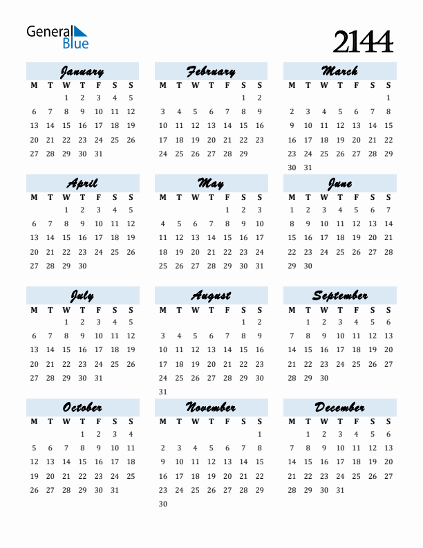 Calendar 2144 Free Download and Print