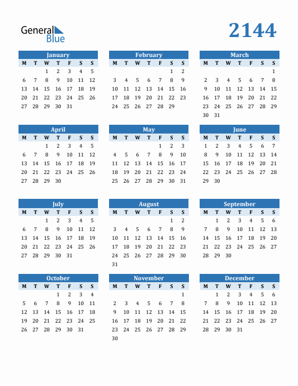 2144 Year Calendar with Monday Start