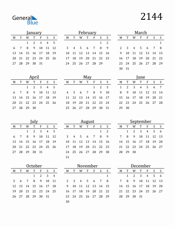 Free Printable Calendar 2144 with Monday Start