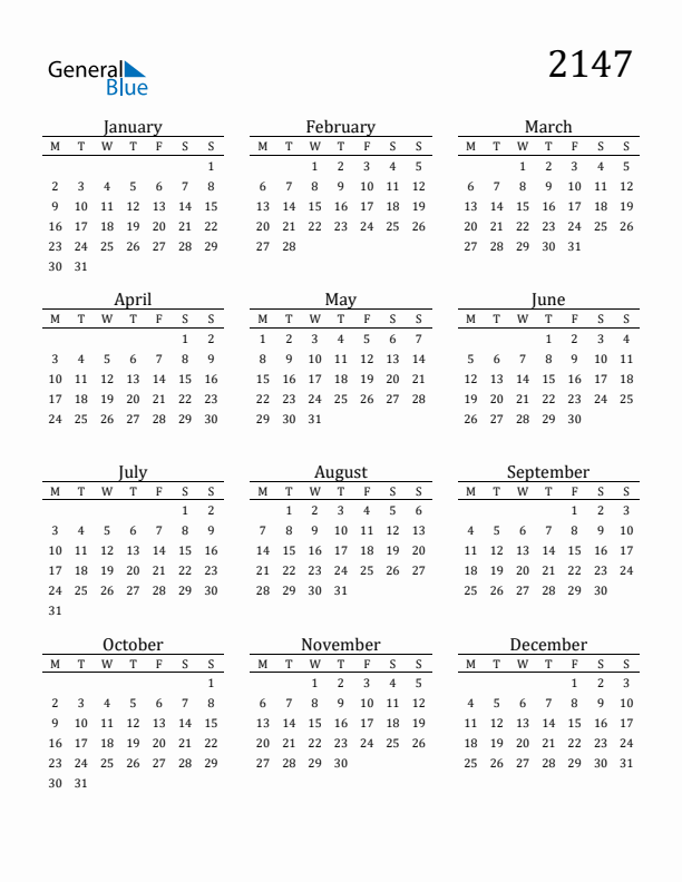 Free Printable Calendar 2147 with Monday Start
