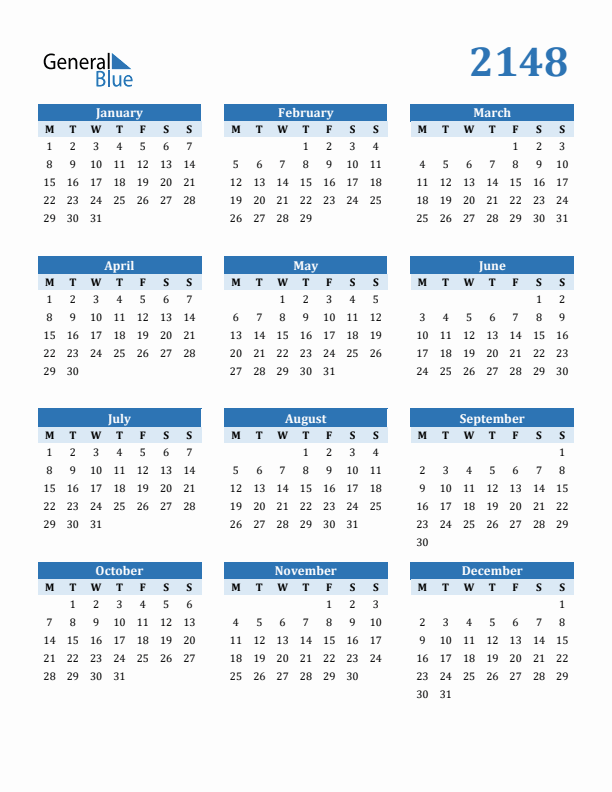 2148 Year Calendar with Monday Start