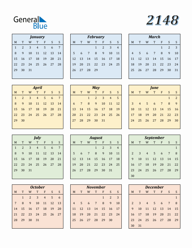 Calendar for 2148 (Monday Start)