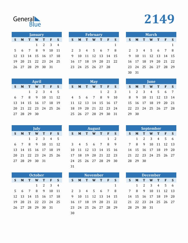2149 Year Calendar with Sunday Start