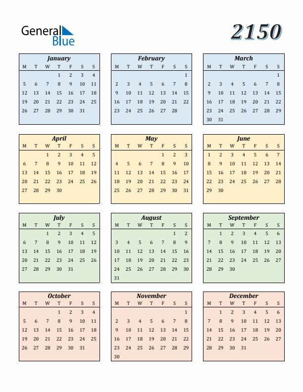 Calendar for 2150 (Monday Start)