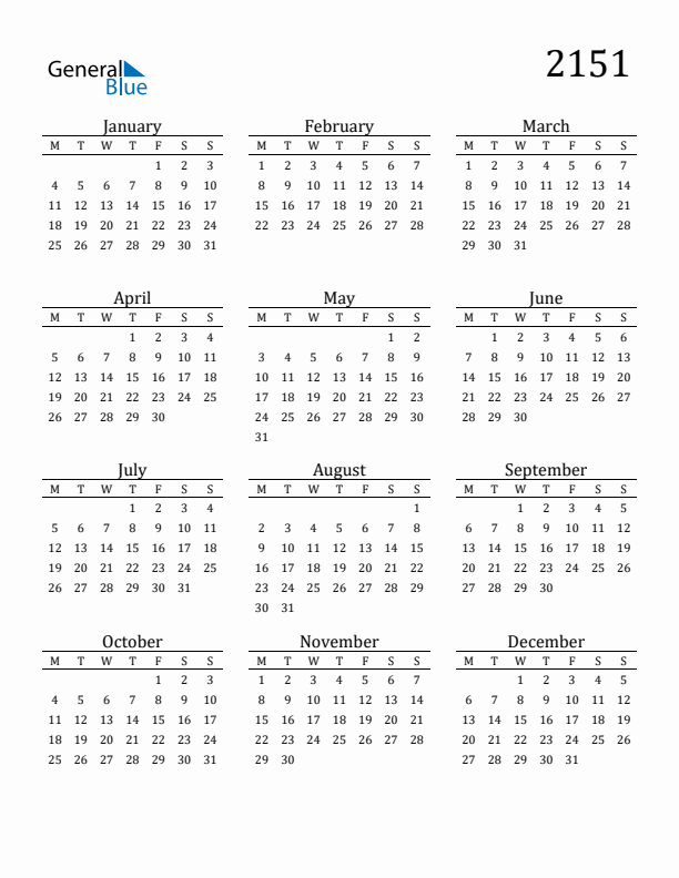 Free Printable Calendar 2151 with Monday Start