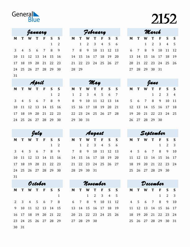 Calendar 2152 Free Download and Print