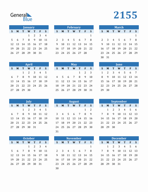 2155 Year Calendar with Sunday Start