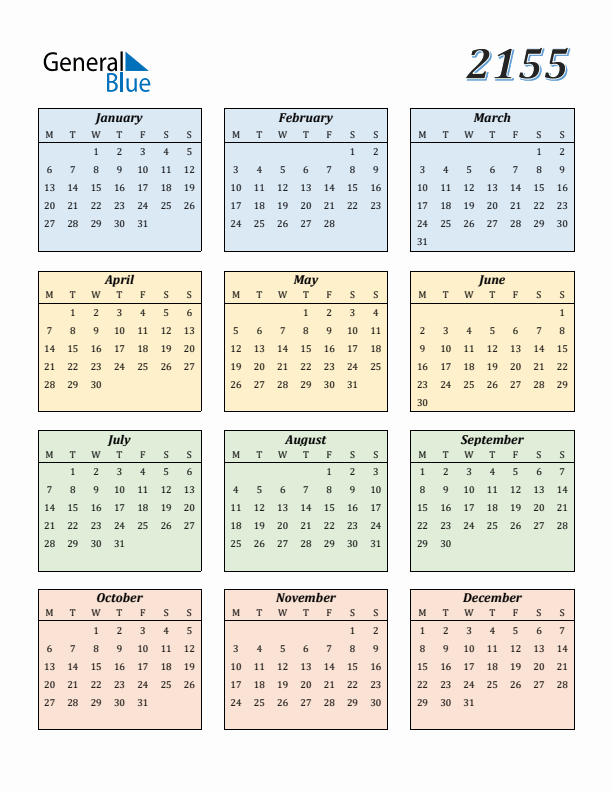 Calendar for 2155 (Monday Start)