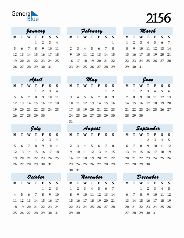 Calendar 2156 Free Download and Print