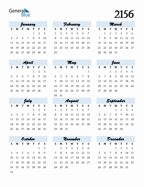 Calendar 2156 Free Download and Print