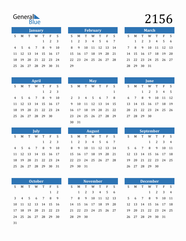 2156 Calendar