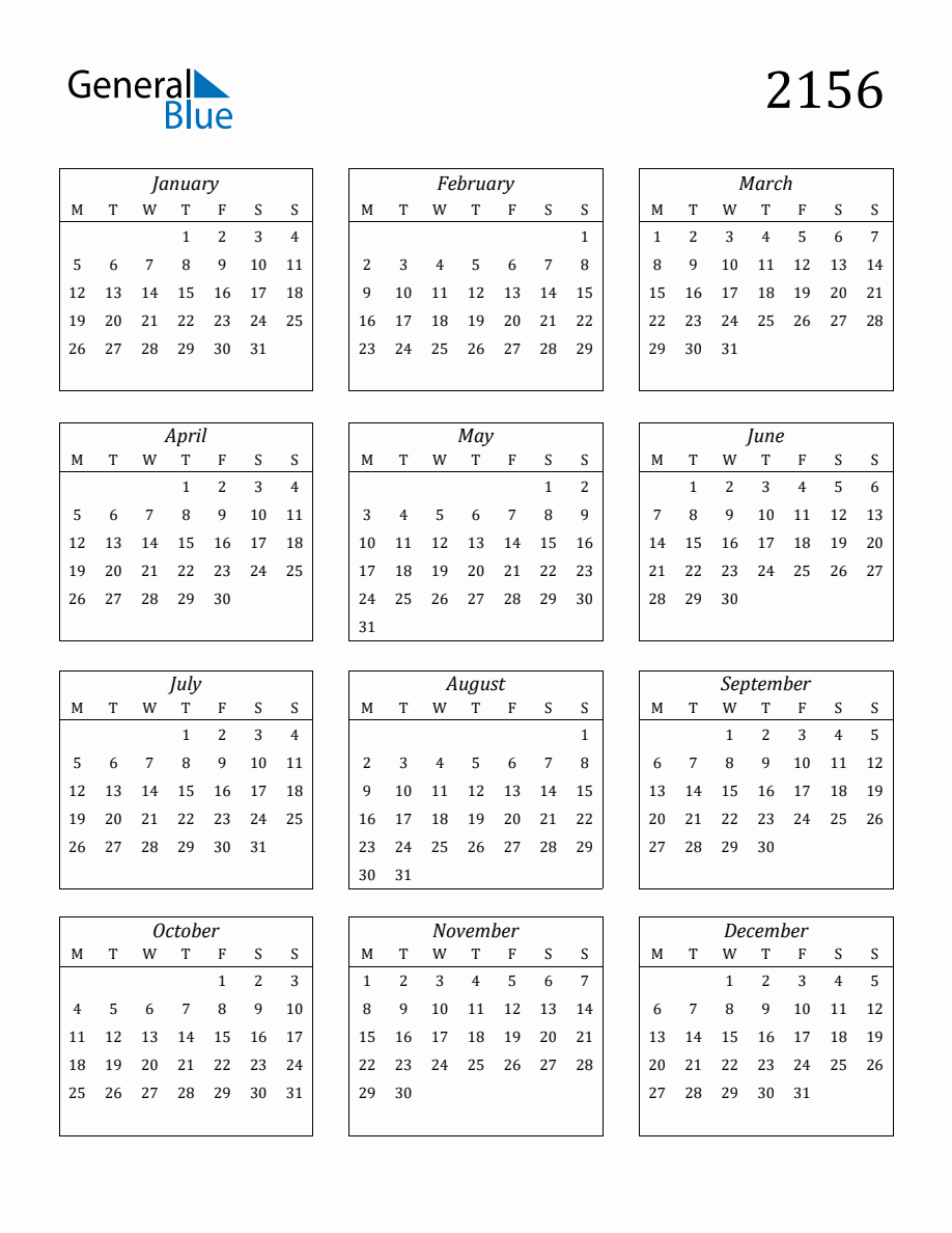 2156 Blank Yearly Calendar Printable