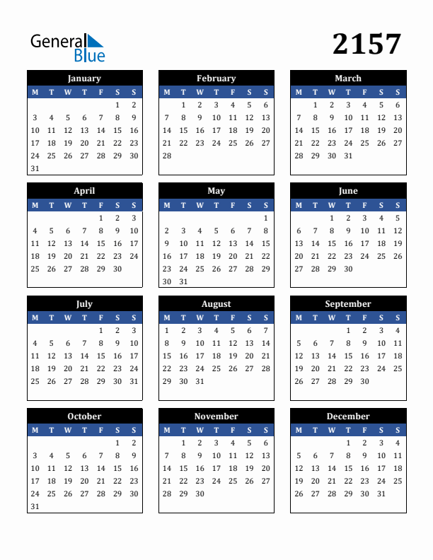Editable Calendar 2157 - Monday Start