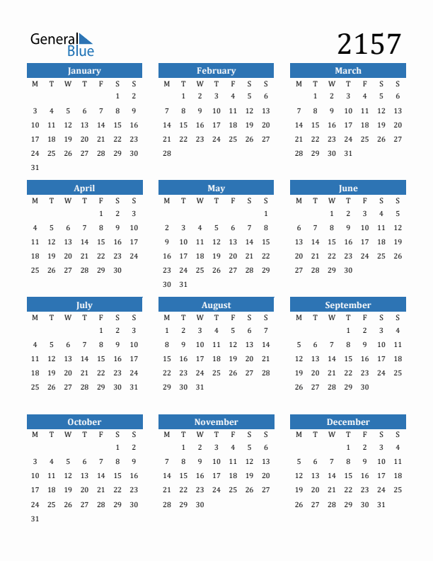 2157 Calendar
