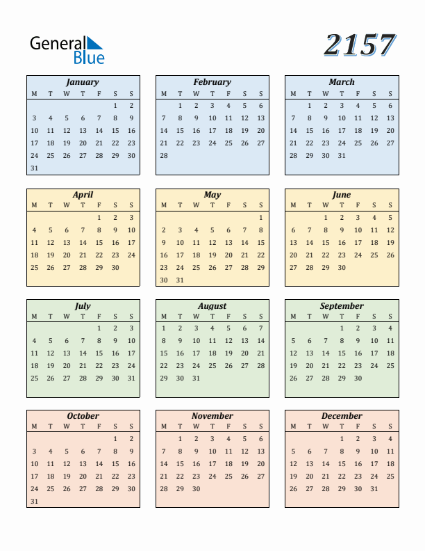 Calendar for 2157 (Monday Start)