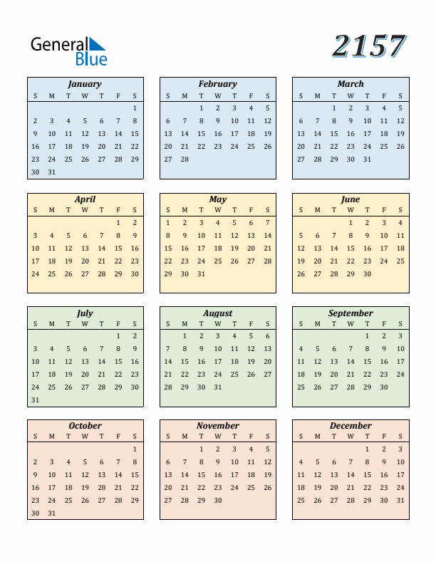 Calendar for 2157 (Sunday Start)