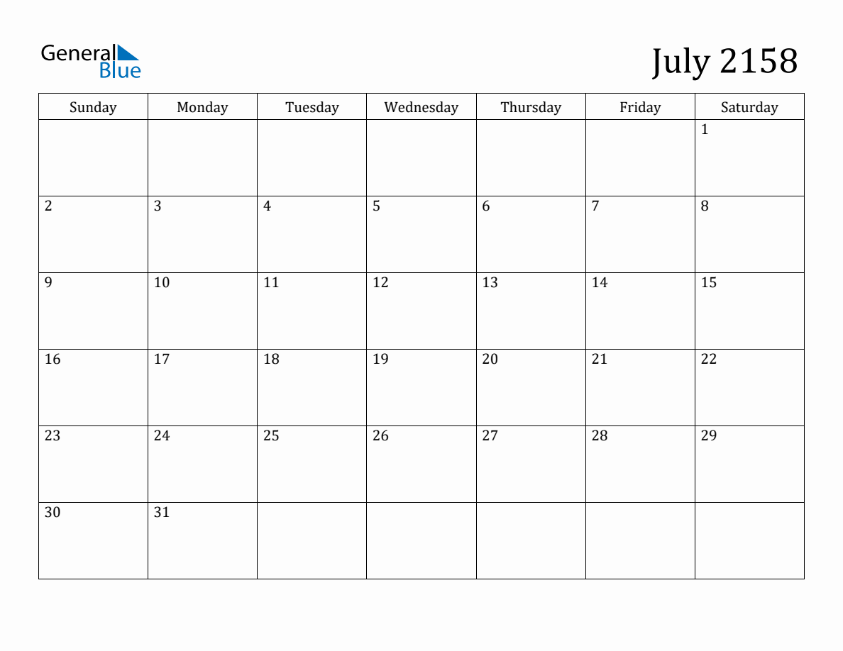 July 2158 Monthly Calendar