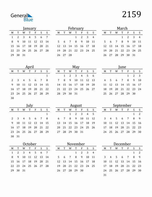 Free Printable Calendar 2159 with Monday Start