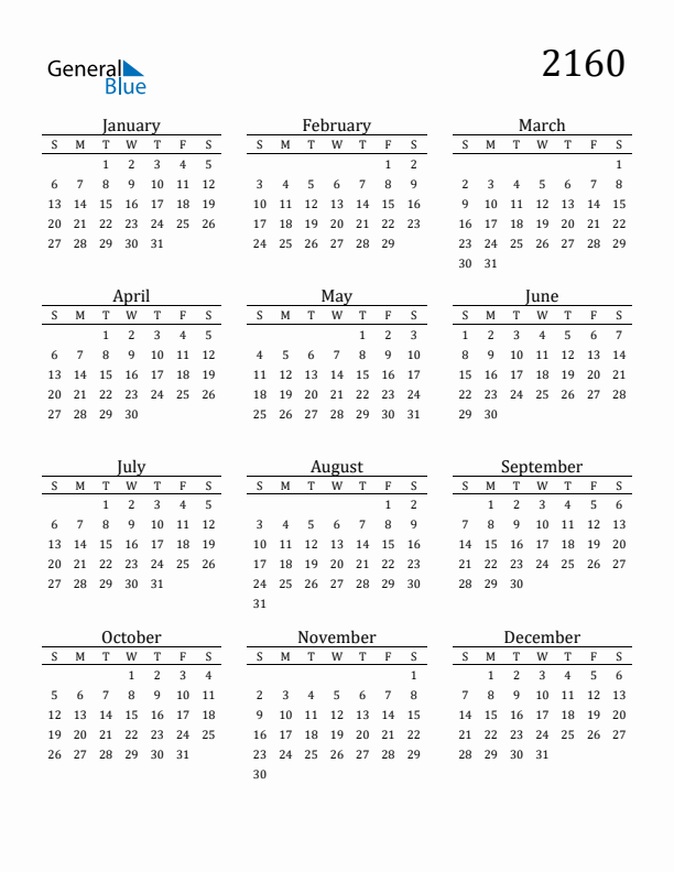 Free Printable Calendar 2160 with Sunday Start