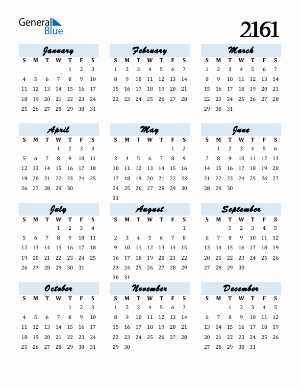 Calendar 2161 Free Download and Print