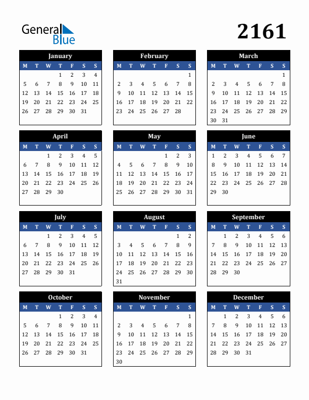 Editable Calendar 2161 - Monday Start