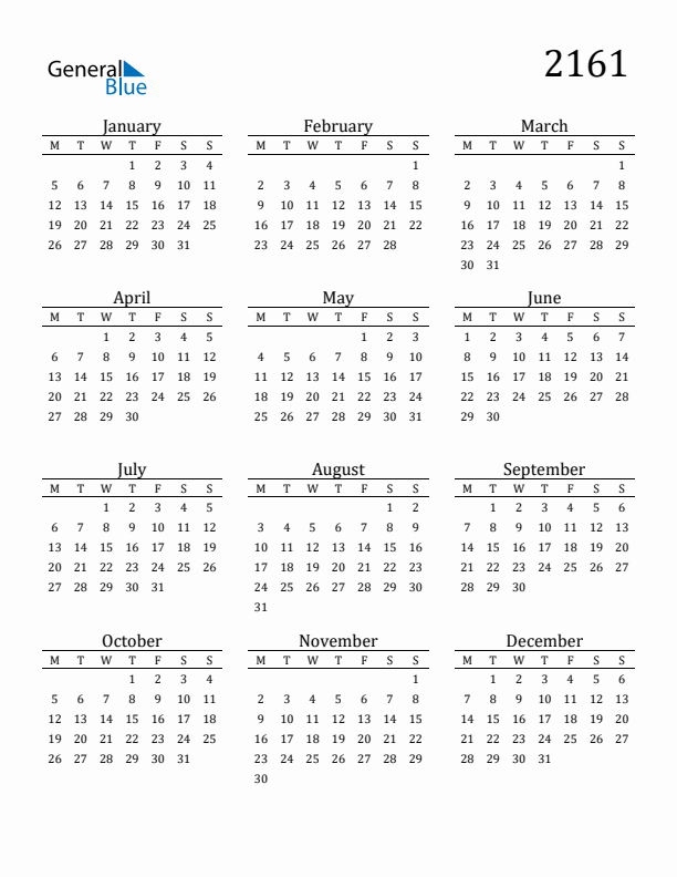Free Printable Calendar 2161 with Monday Start